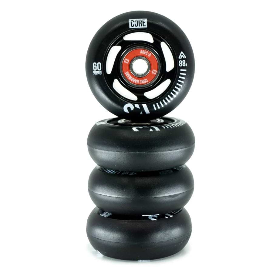 A sleek stack of four black CORE Aero 88A Inline Skates Wheels features white text, a red center bearing, and prominent branding on the top wheel displaying "60" and "88a." Engineered for a superior skating experience, these wheels are precisely crafted to elevate your ride on any skating journey.