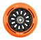A close-up image of the Slamm Nylon Core 100mm Stunt Scooter Wheel in orange shows off its sleek black spokes and a central ABEC 9 Chrome Bearing. The rim, made from durable polyurethane composite, features labels including "Slamm," "100mm," and "88A NyloNS.