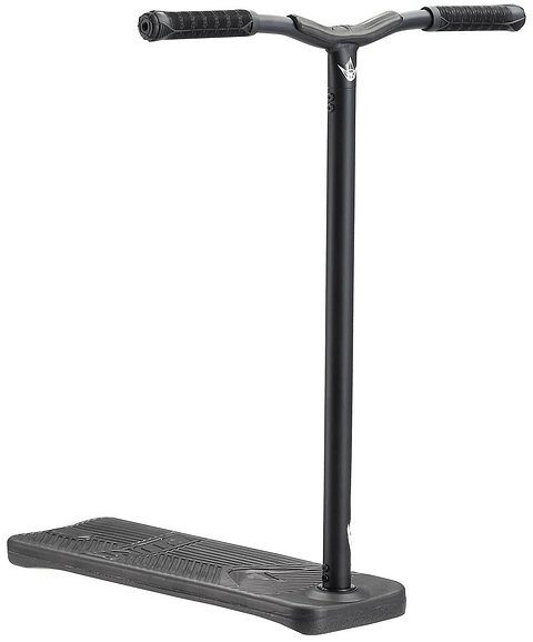 The Blunt Envy TS Pro 7.5 Indoor Trampoline Stunt Scooter in black boasts a flat deck and T-shaped handlebars. It features textured grips and a minimalist design, with adjustable height settings to ensure maximum comfort for every rider.