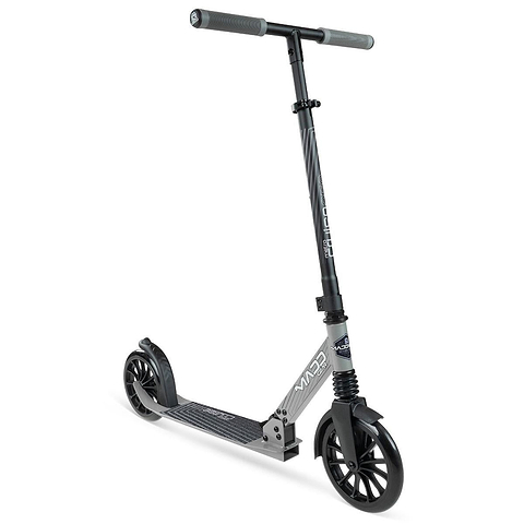 The Madd Gear Metro Cruise 250 Foldable Commuter Scooter in black/grey features large wheels, an adjustable handlebar, and a textured foot deck. Pictured against a white background.