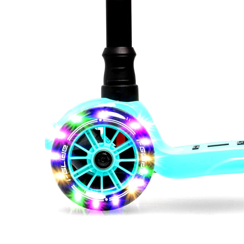 Close-up of the aqua i-Glide 3-Wheel LED Kids Scooter's rear wheel, highlighting the bright, colorful LED lights encircling the rim, which create a vibrant glow. This scooter for kids also features sections of its sleek frame and handlebar.