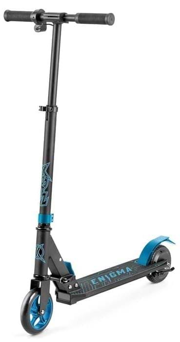 The Xootz Enigma Lithium Electric Scooter - Blue features a sturdy frame, two small wheels, handlebars with grips, and "Enigma" on the deck. It also has a blue rear fender for braking. Brand: Xootz.