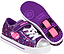 A pair of Heelys Snazzy X2 Girls Shoes by Heelys in purple, multi, and rainbow colors, featuring star patterns, white laces, a sparkling silver toe cap, and pink double wheels visible in the sole of one shoe.