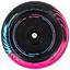 The Slamm Swirl 110mm Stunt Scooter Wheel, in an eye-catching black, blue, and pink color combination, features a vibrant duo-tone swirl effect. The brand "Slamm" is prominently displayed on the wheel, which also includes high-performance ABEC-9 chrome bearings for a smooth ride.