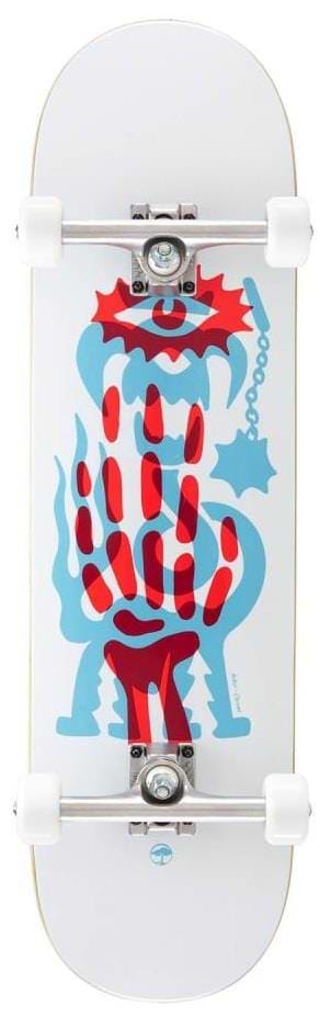The Arbor Street Chroma Multi Complete Skateboard (8.5" x 32.25) features a white Canadian maple deck with a blue and red creature graphic, large red hand print, and is perfect for beginner skateboarders.