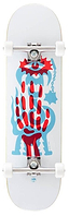 The Arbor Street Chroma Multi Complete Skateboard (8.5" x 32.25) features a white Canadian maple deck with a blue and red creature graphic, large red hand print, and is perfect for beginner skateboarders.