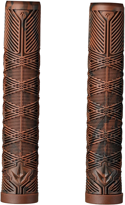 Blunt Envy V3 Chocolate/Black Stunt Scooter Grips (160mm) feature a textured geometric pattern, brown and black marbling, and a raised leaf end design—ideal as stylish handlebar upgrades or replacements for Blunt Envy scooters.
