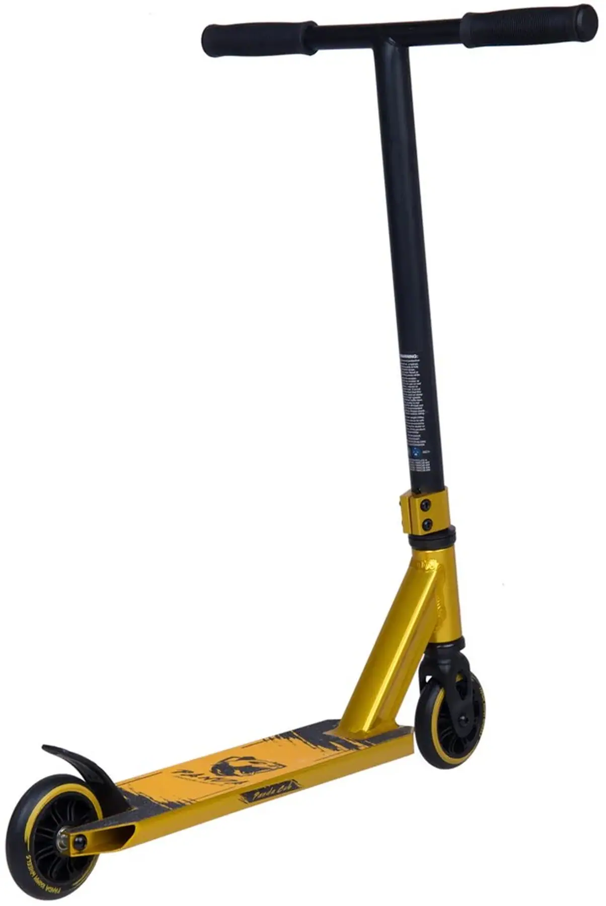 The Panda Cub Complete Stunt Scooter by Panda features a gold deck, straight handlebar, and two small wheels. Built for junior riders, it's sturdy and ideal for tricks and freestyle riding.