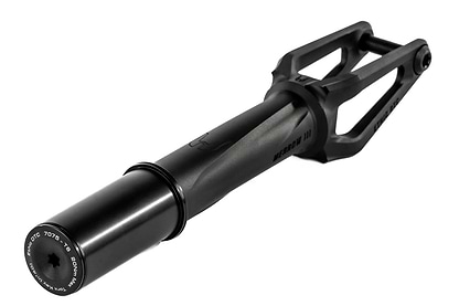 The Ethic DTC Merrow V3 HIC Stunt Scooter Fork in black features a sleek, streamlined design, sturdy 7075 aluminium build, and is one of the world’s lightest forks—angled to display its fork arms and threaded end.