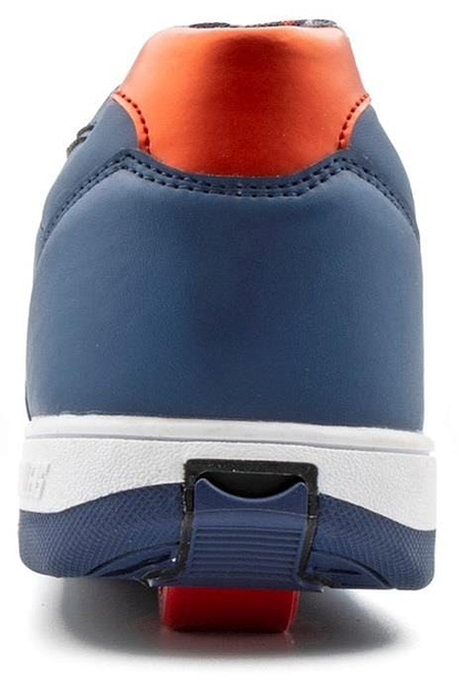The image displays the back of the Breezy Rollers Hero 2 Shoes - Blue by Breezy Rollers, featuring a blue upper with an orange heel accent, white midsole, blue textured outsole, and a red rectangular detail on the sole indicating its wheel system.