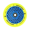 The Root Industries Honeycore 110mm Stunt Scooter Wheel showcases a blue honeycomb-patterned core paired with a striking yellow tire, incorporating Ultra High Rebound technology. The words "Honeycore" and "Root Industries" are prominently displayed on the tire, ensuring smooth performance thanks to ABEC 11 Bearings.