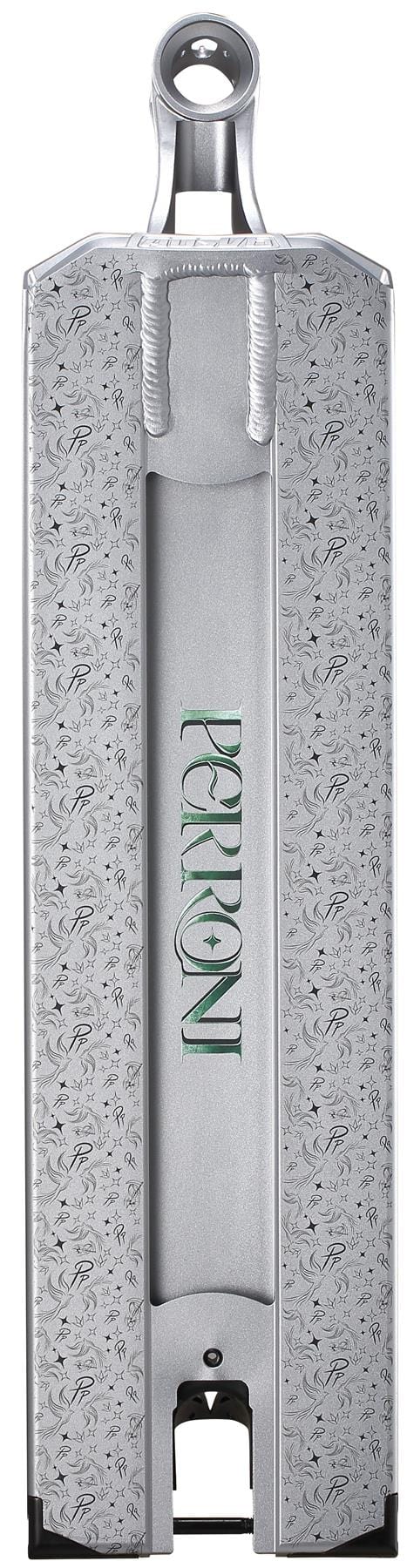 A silver metal cricket bat with engraved floral patterns and "PERONI" in green, inspired by the Blunt Envy AOS V6 Jonathan Perroni Signature Stunt Scooter Deck (6.5" x 23") design.