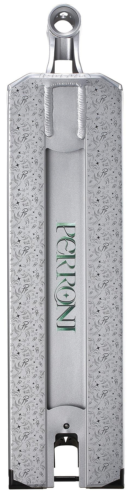 A silver metal cricket bat with engraved floral patterns and "PERONI" in green, inspired by the Blunt Envy AOS V6 Jonathan Perroni Signature Stunt Scooter Deck (6.5" x 23") design.