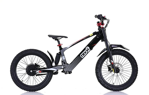 Side view of the Revvi 20" Kids Electric Balance Bike in black, featuring off-road rubber air-filled tires, red and white accents, and a visible battery pack integrated into the frame with the brand logo against a white background.