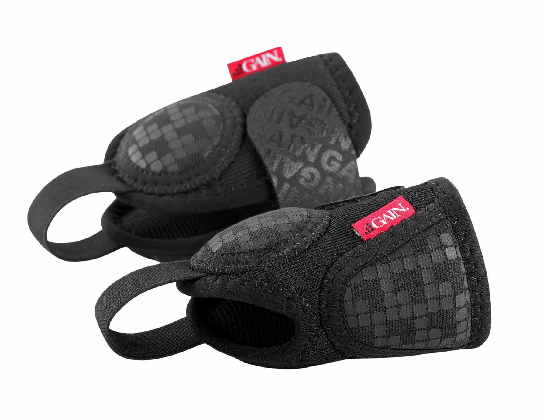A pair of black padded workout grips with finger loops and red GAIN tags, ideal for protecting hands during weightlifting or fitness—an excellent complement to your GAIN Protection Pro Adult Ankle Protectors - Black.