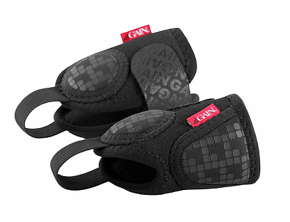 A pair of black padded workout grips with finger loops and red GAIN tags, ideal for protecting hands during weightlifting or fitness—an excellent complement to your GAIN Protection Pro Adult Ankle Protectors - Black.