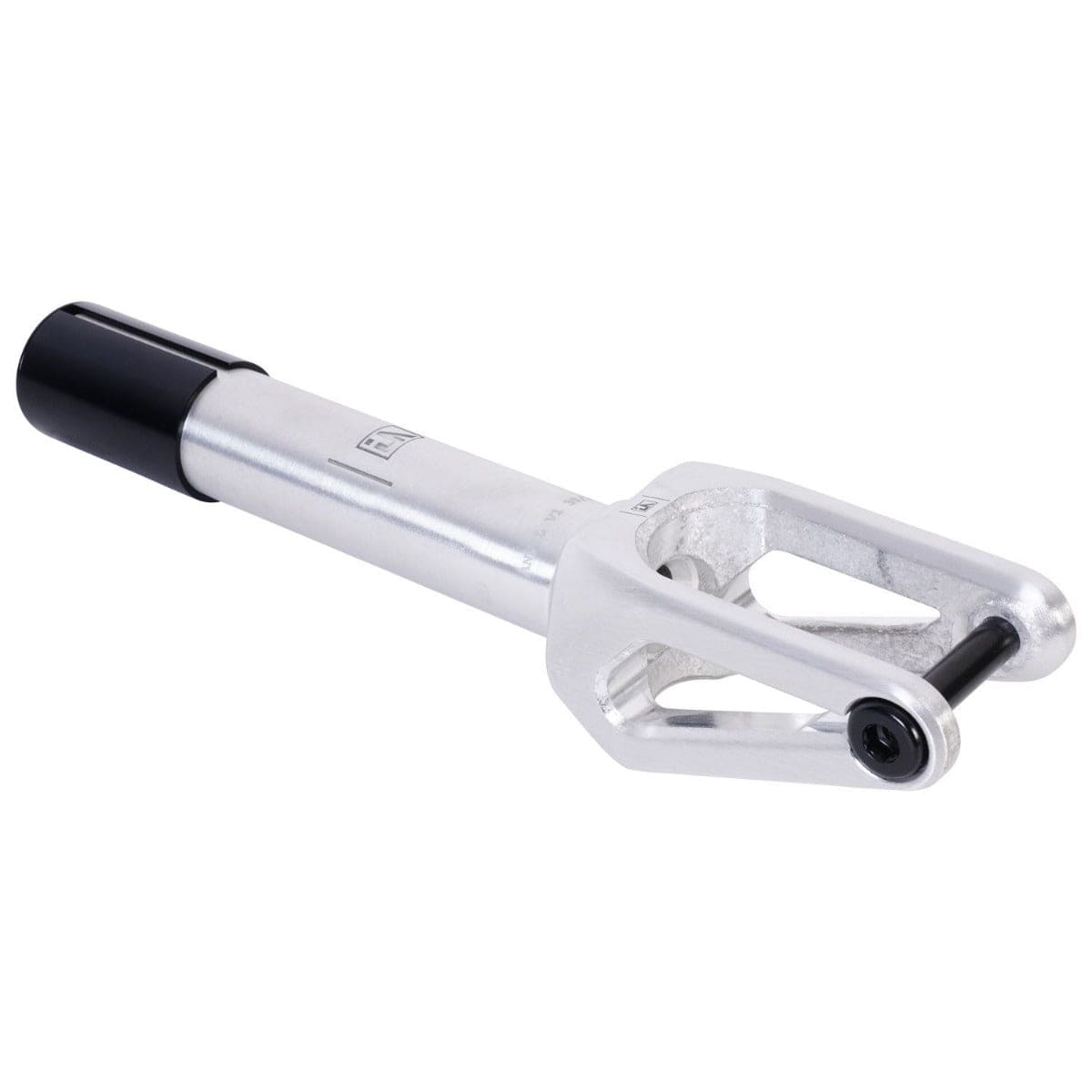 View of the UrbanArtt Anvil SCS/HIC Stunt Scooter Forks in Raw Silver, expertly crafted from 6061-T6 aluminium with a black circular end cap. Known for its sleek and modern design, this fork provides a robust construction perfect for integration with SCS/HIC compression systems and attachment to a scooter's front wheel.