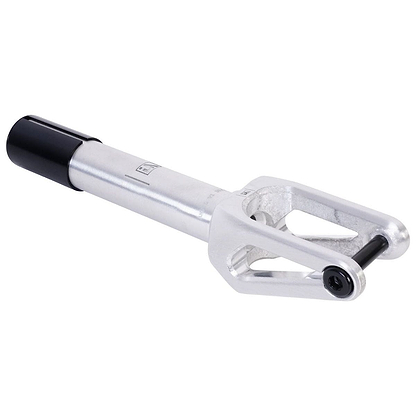 View of the UrbanArtt Anvil SCS/HIC Stunt Scooter Forks in Raw Silver, expertly crafted from 6061-T6 aluminium with a black circular end cap. Known for its sleek and modern design, this fork provides a robust construction perfect for integration with SCS/HIC compression systems and attachment to a scooter's front wheel.