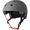 The Triple 8 Dual Certified Skate / Scooter Helmet in Gunmetal Grey features a red front logo, excellent airflow from multiple vents, adjustable black straps with red padding for a snug fit, and includes Sweatsaver™ Fit Pads for ultimate comfort.