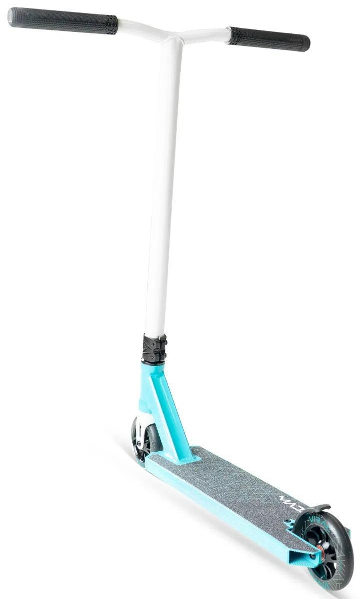 The Madd Gear (MGP) Viral Purge Complete Stunt Scooter in aqua features black handlebars and wheels—an ideal stunt scooter for kids.