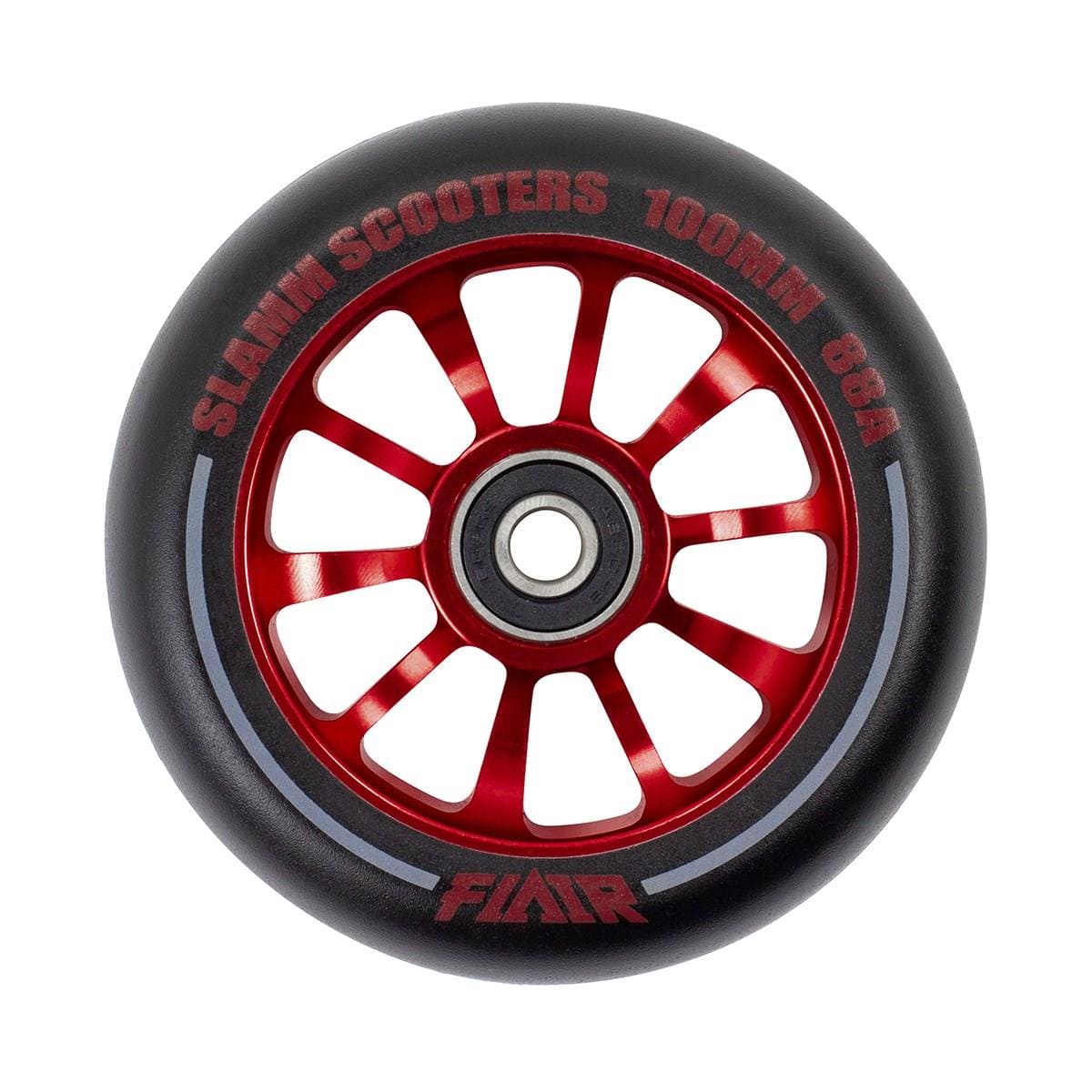 The Slamm Flair 2.0 100mm Stunt Scooter Wheel in red, featuring "SLAMM SCOOTERS 100MM 88A" on the rim and smooth ABEC-9 chrome bearings, is perfect for your stunt scooter.
