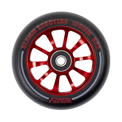 The Slamm Flair 2.0 100mm Stunt Scooter Wheel in red, featuring "SLAMM SCOOTERS 100MM 88A" on the rim and smooth ABEC-9 chrome bearings, is perfect for your stunt scooter.