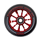 The Slamm Flair 2.0 100mm Stunt Scooter Wheel in red, featuring "SLAMM SCOOTERS 100MM 88A" on the rim and smooth ABEC-9 chrome bearings, is perfect for your stunt scooter.
