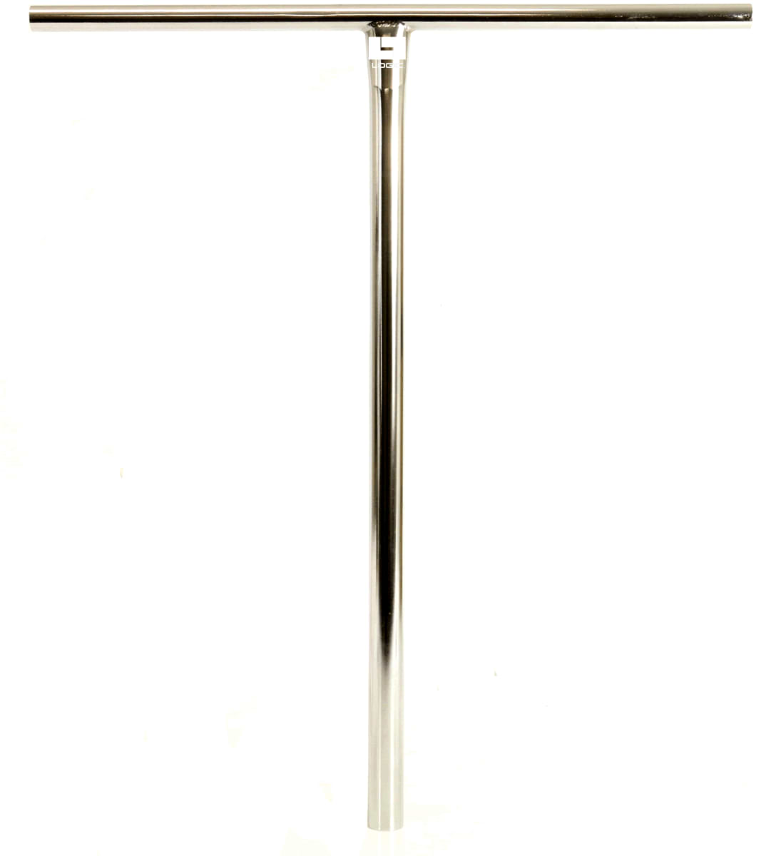 A gleaming chrome T-shaped handle, made from durable 4130 Chromoly Steel and likely belonging to the Logic Streetz Steel Standard IHC Stunt Scooter by Logic, is shown against a simple white background.