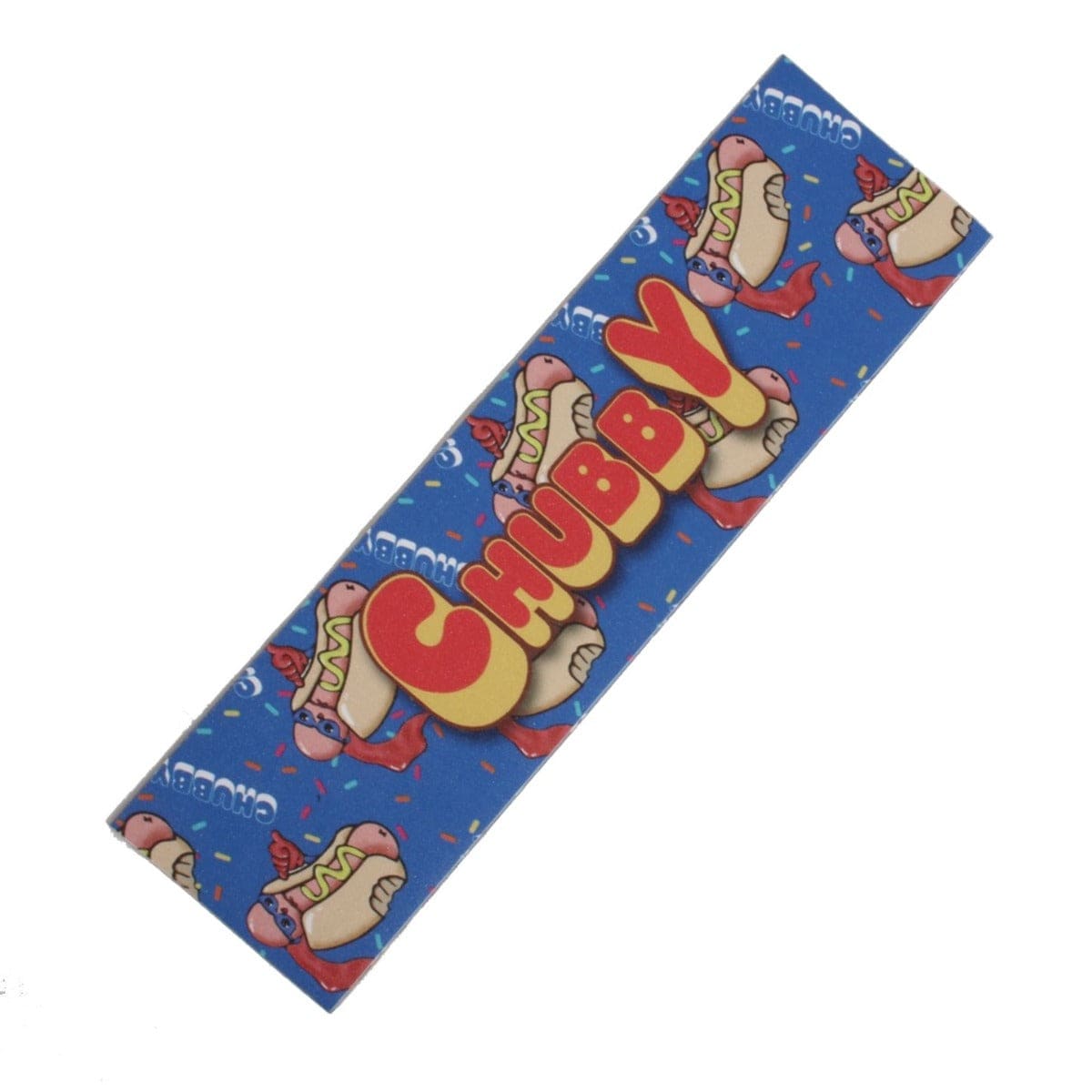 A blue wrapper adorned with playful, vibrant "CHUBBY" lettering, embellished with cartoon hot dogs and scattered sprinkles, evokes a skatepark vibe. Ideal for the Chubby Stunt Scooter Griptape - Hot Dog fan eager to make a bold statement.
