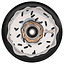 Close-up of the Chubby Doughnut 110mm Hollowcore Stunt Scooter Wheel in Oreo White, designed to resemble a donut with white icing and black sprinkles. This eye-catching hydrographic design includes a central bolt and proudly displays the brand name "Chubby" on the side, adding flair to your lightweight scooter wheel setup.