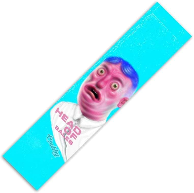 A surreal illustration showcases a person with a pink face and blue hair against a turquoise background, wearing a white shirt emblazoned with "HEAD OF SALES." Their expression captures the astonishment akin to discovering the Chubby Stunt Scooter Griptape - Head Of Sales at the skatepark.