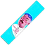 A surreal illustration showcases a person with a pink face and blue hair against a turquoise background, wearing a white shirt emblazoned with "HEAD OF SALES." Their expression captures the astonishment akin to discovering the Chubby Stunt Scooter Griptape - Head Of Sales at the skatepark.