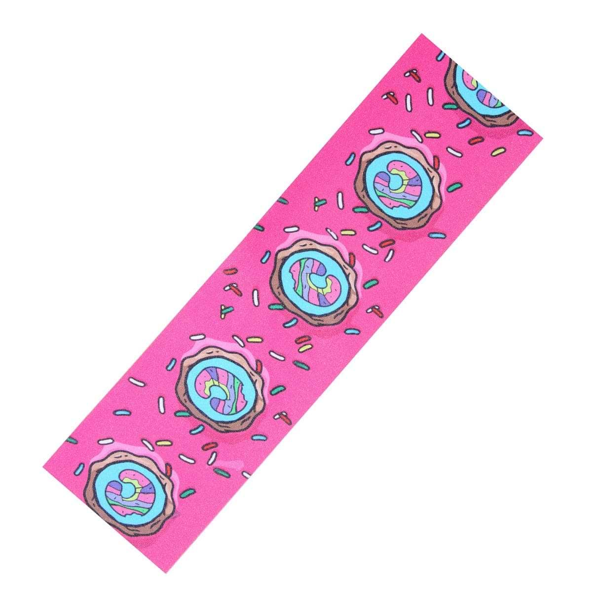 Introducing the Chubby Stunt Scooter Griptape in Doughnut Pink, a fun and whimsical addition to your skatepark workout or griptape stretching routine, with its colorful donut designs complete with frosting and sprinkles.