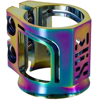 The Madd Gear MGP MFX X2 Cobra 2 Bolt Oversized Stunt Scooter Clamp in Neochrome is a metallic, iridescent clamp with a rainbow finish, featuring cutout designs and CNC machined MFX logos. It includes multiple bolt holes for securing and titanium axle bolts for enhanced durability.