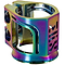 The Madd Gear MGP MFX X2 Cobra 2 Bolt Oversized Stunt Scooter Clamp in Neochrome is a metallic, iridescent clamp with a rainbow finish, featuring cutout designs and CNC machined MFX logos. It includes multiple bolt holes for securing and titanium axle bolts for enhanced durability.
