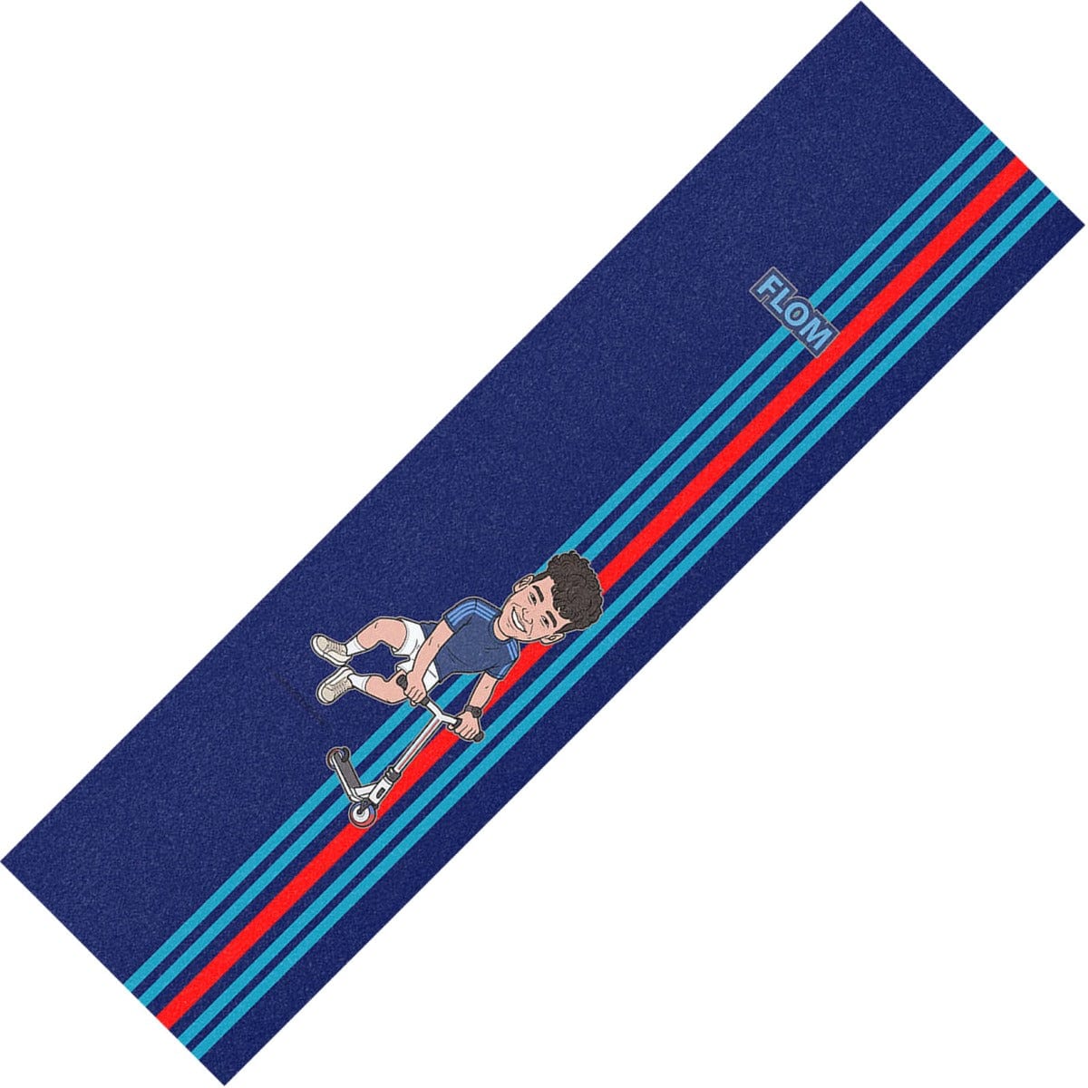 The Figz Collection XL Pro Stunt Scooter Griptape - Cody Flom V2 showcases a vibrant blue design with colorful stripes and a cartoon character joyfully riding next to the word "FLOM." This playful griptape combines fun aesthetics with strong Strongbond adhesive to ensure a secure ride.