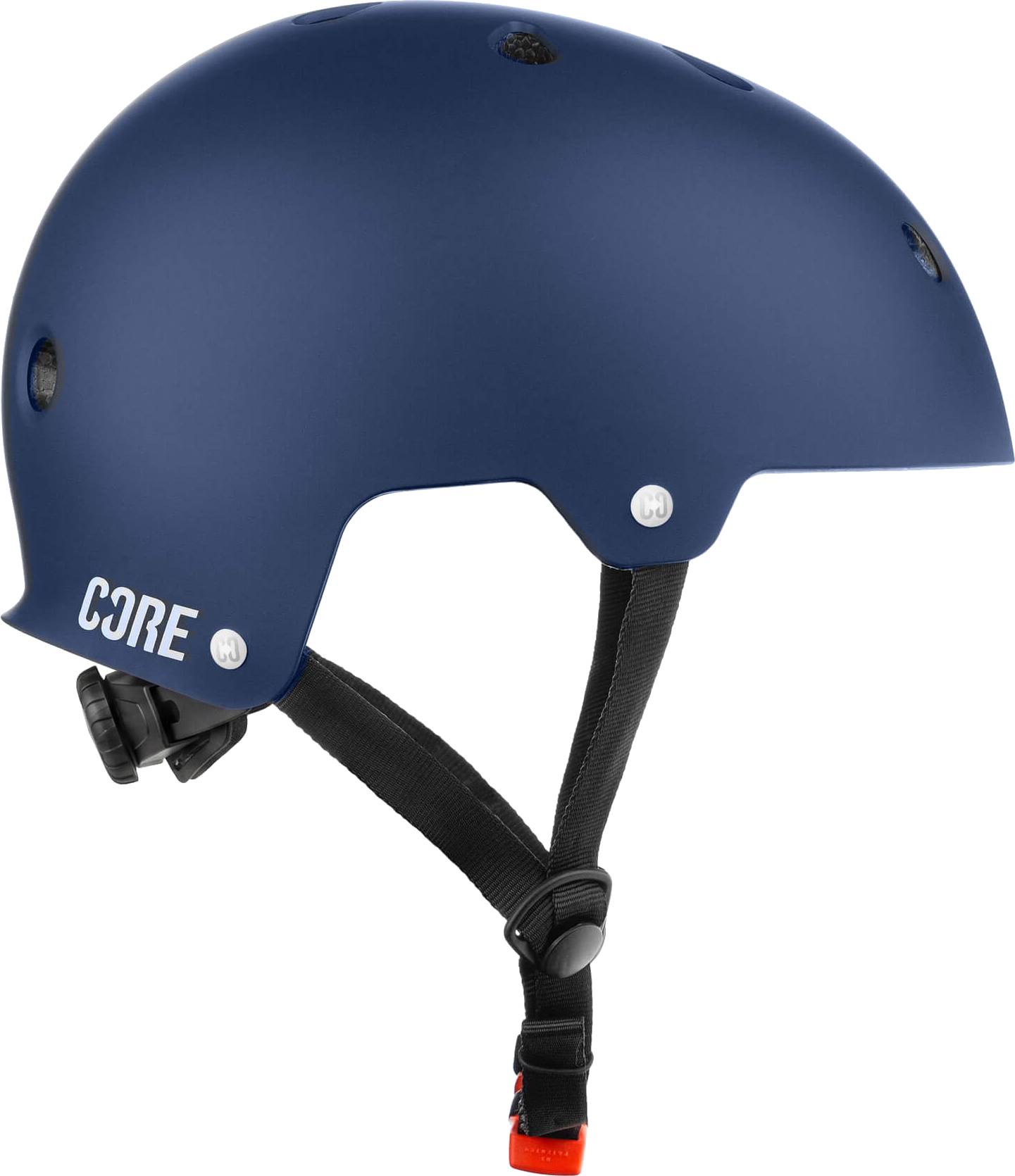 A matte navy blue CORE Action Sports Skate / Scooter Helmet by CORE, featuring black adjustable straps and ventilation holes, shown from the side.