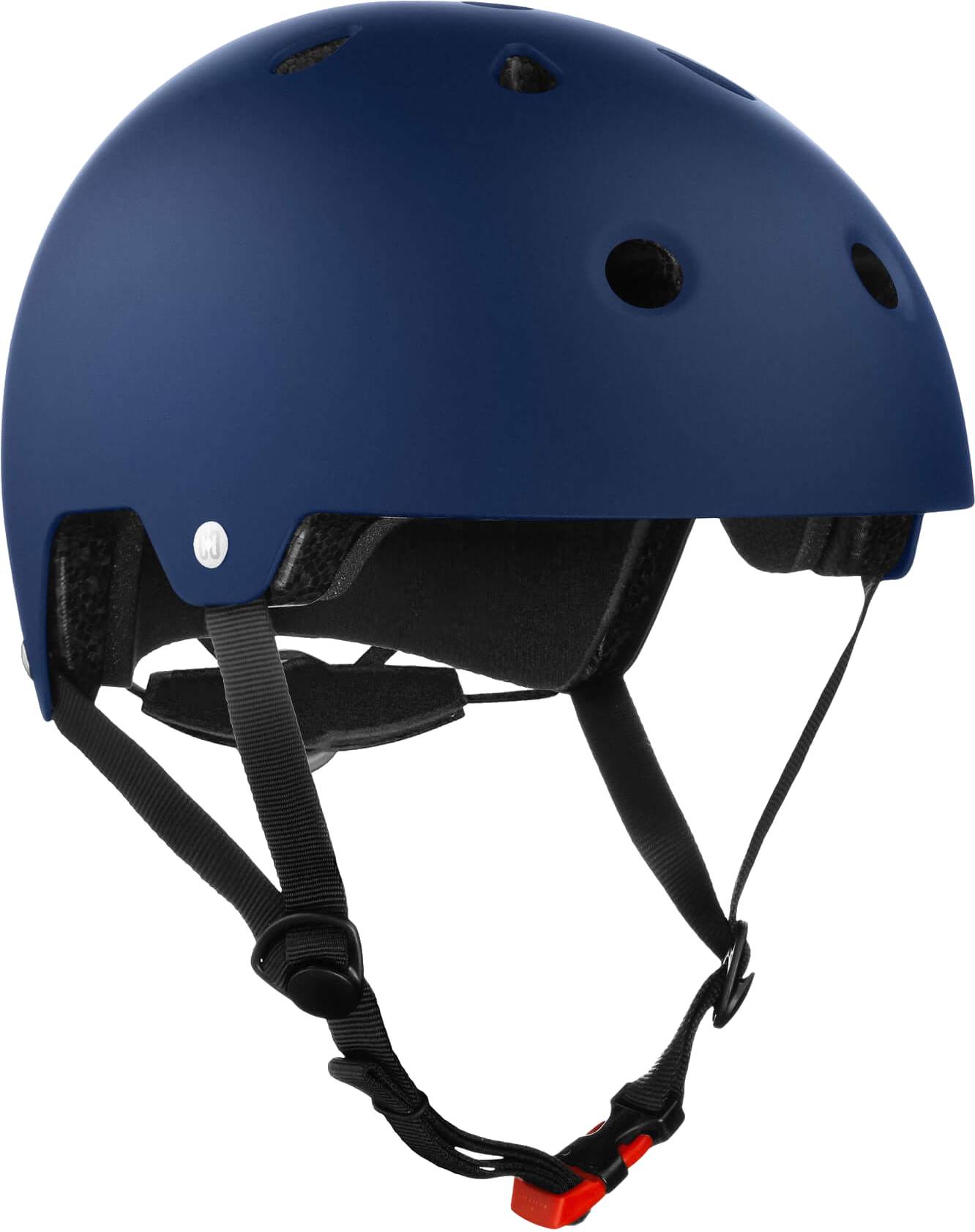 A CORE Action Sports Skate / Scooter Helmet in navy blue, featuring ventilation holes, black adjustable straps, and a red buckle, is displayed against a white background.