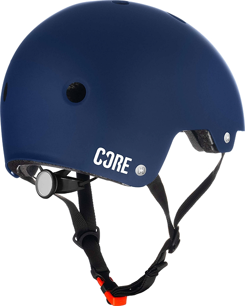 The CORE Action Sports Skate / Scooter Helmet in navy blue, featuring a black adjustable strap and buckle, is ideal as an action sports or bike helmet and is displayed on a plain white background.