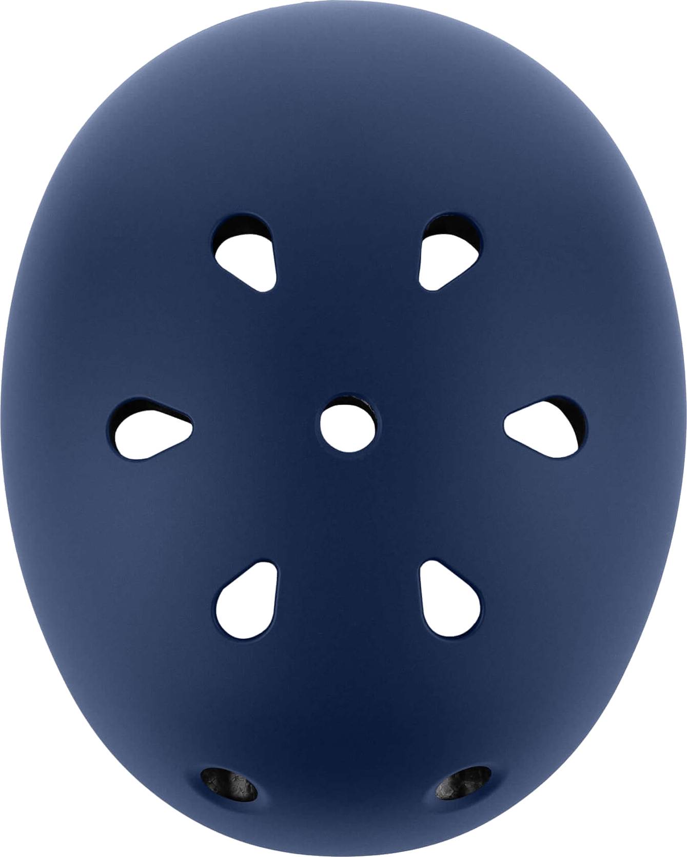 A CORE Action Sports Skate / Scooter Helmet in navy blue, viewed from above, features six teardrop-shaped ventilation holes evenly spaced around the center and two round holes near the bottom edge.