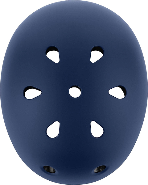 A CORE Action Sports Skate / Scooter Helmet in navy blue, viewed from above, features six teardrop-shaped ventilation holes evenly spaced around the center and two round holes near the bottom edge.