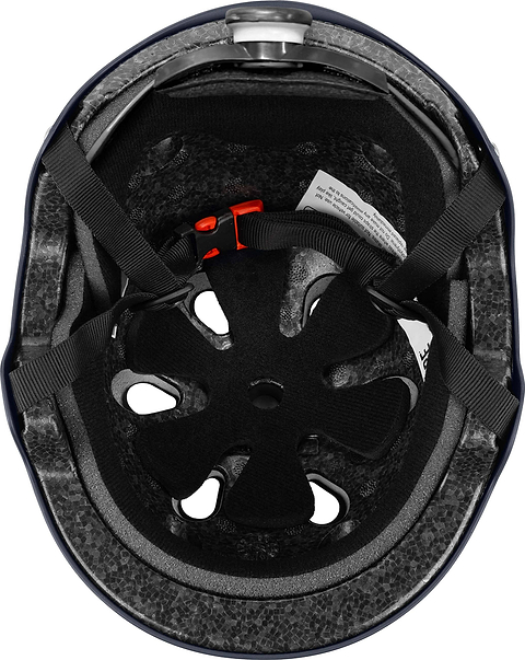 Top-down view of the interior of the CORE Action Sports Skate / Scooter Helmet by CORE in Navy Blue, featuring black foam padding, ventilation holes, black straps, and a red buckle—ideal for versatile protection as a bike or skate helmet.