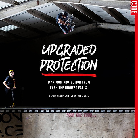 Two riders glide through a skatepark on scooters; one executes a high aerial trick while wearing the CORE Action Sports Skate / Scooter Helmet in purple. Bold text in the center reads, “Upgraded Protection from CORE. Maximum protection even during your highest falls.”.