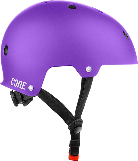 Introducing the CORE Action Sports Skate / Scooter Helmet in Purple—a matte-finish helmet featuring air vents for breathability, sleek black adjustable straps, and a signature white CORE logo on the side. Perfect for riders who prioritize both style and protection during their action sports adventures.