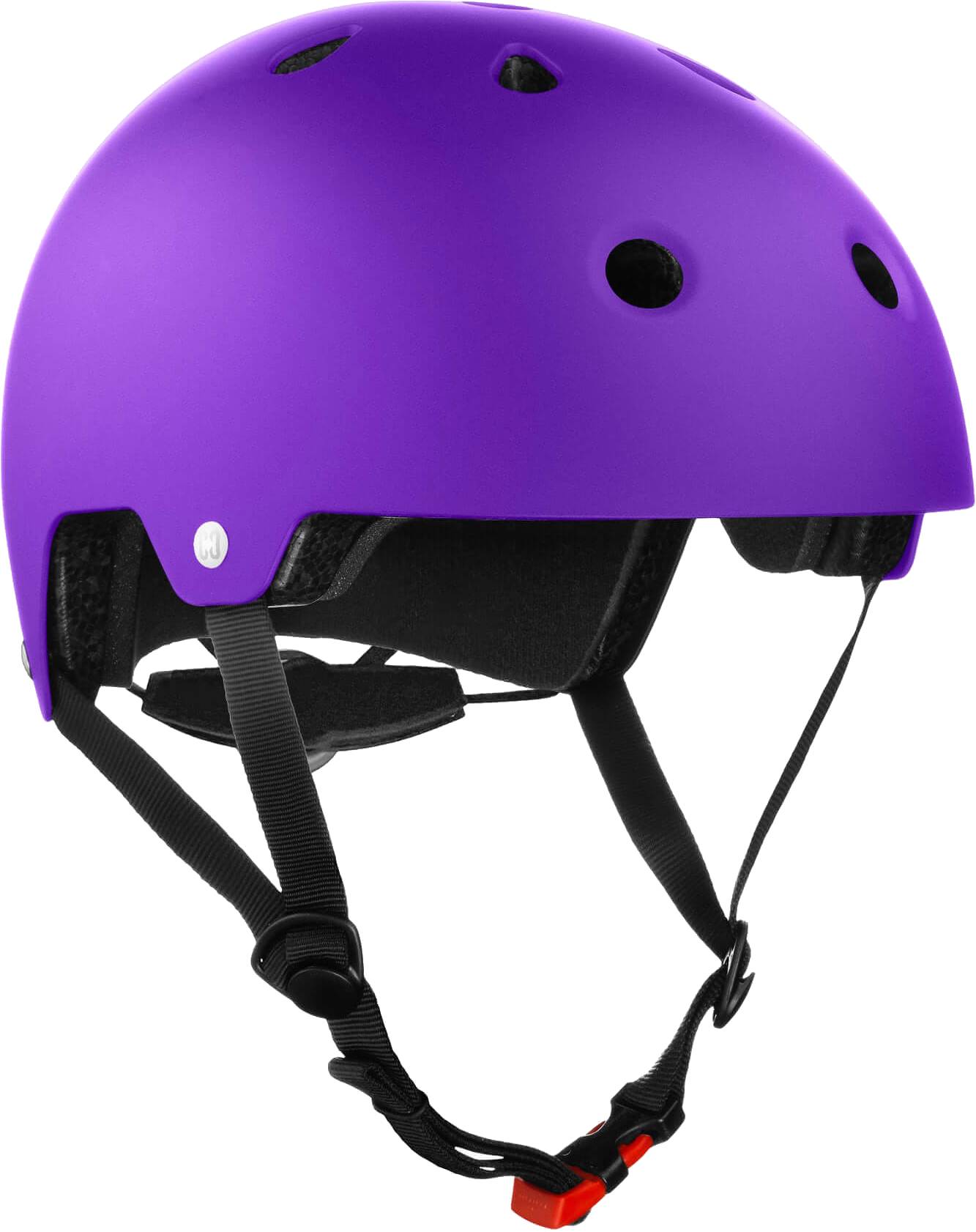 The CORE Action Sports Skate / Scooter Helmet in matte purple by CORE features multiple ventilation holes, black adjustable straps, and a black chin buckle, shown against a white background.