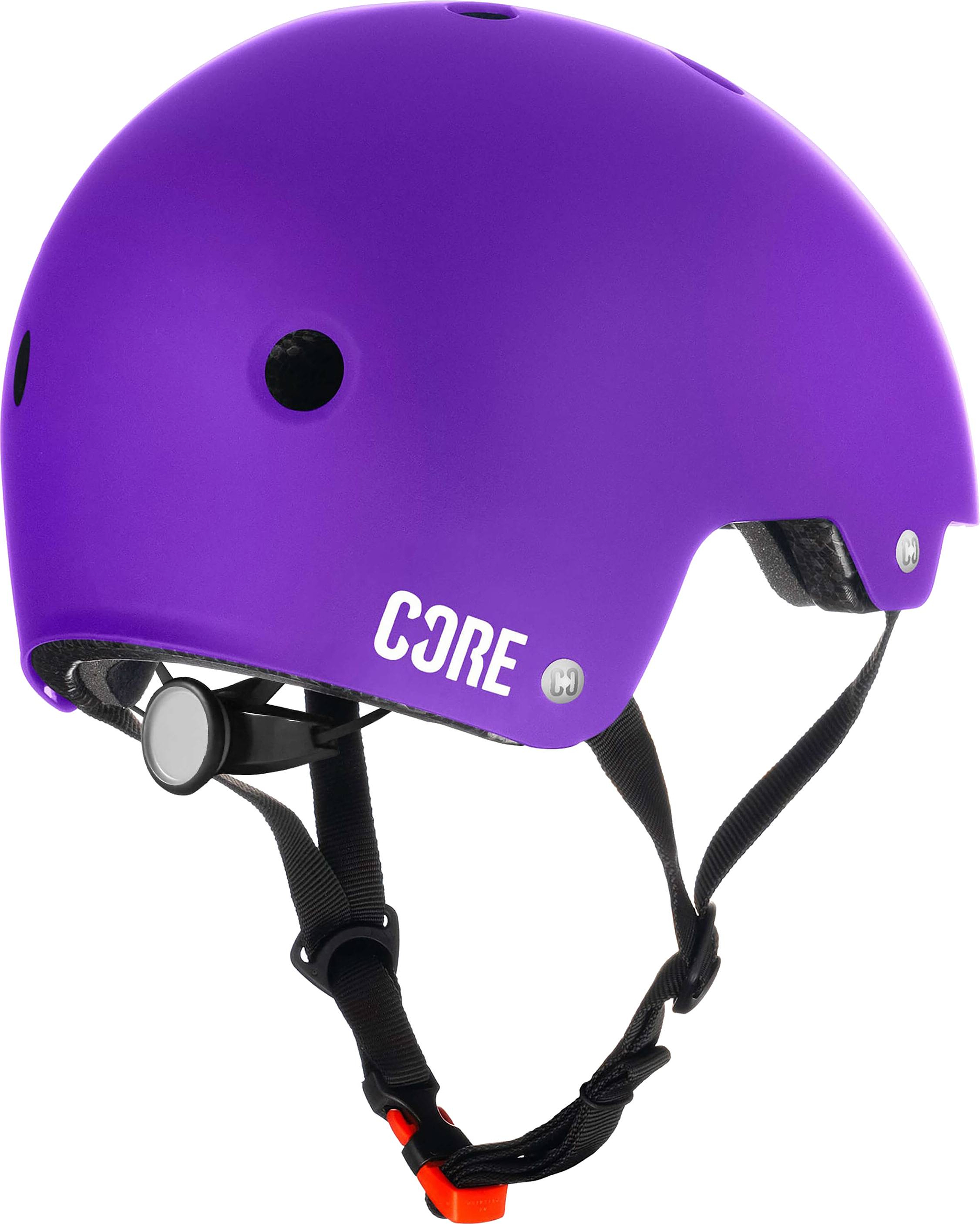 A CORE Action Sports Skate / Scooter Helmet in purple, featuring black adjustable straps and ventilation holes, is displayed on a white background.