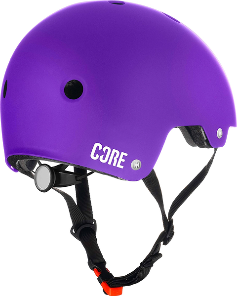 A CORE Action Sports Skate / Scooter Helmet in purple, featuring black adjustable straps and ventilation holes, is displayed on a white background.