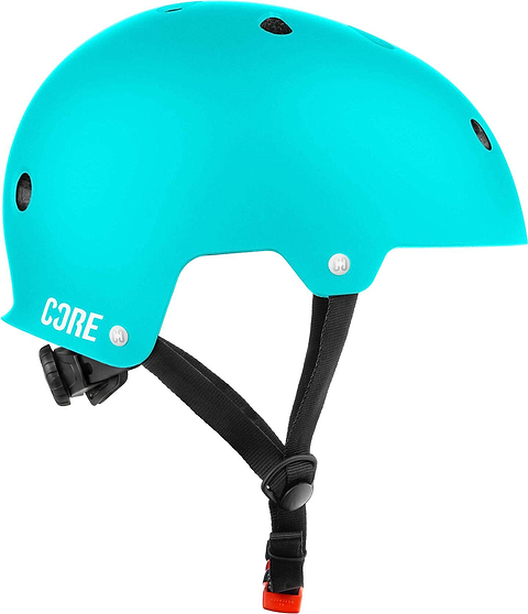 A side view displays the CORE Action Sports Skate / Scooter Helmet in teal by CORE, featuring black adjustable straps, multiple ventilation holes, and lightweight EPS foam for enhanced comfort and protection.
