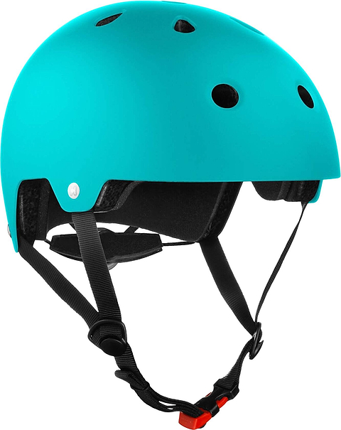The CORE Action Sports Skate / Scooter Helmet in teal features multiple ventilation holes, black inner padding, and adjustable black straps with a red clasp. Designed for safety during biking or skating, this lightweight EPS foam helmet by CORE ensures reliable protection and comfort on the move.