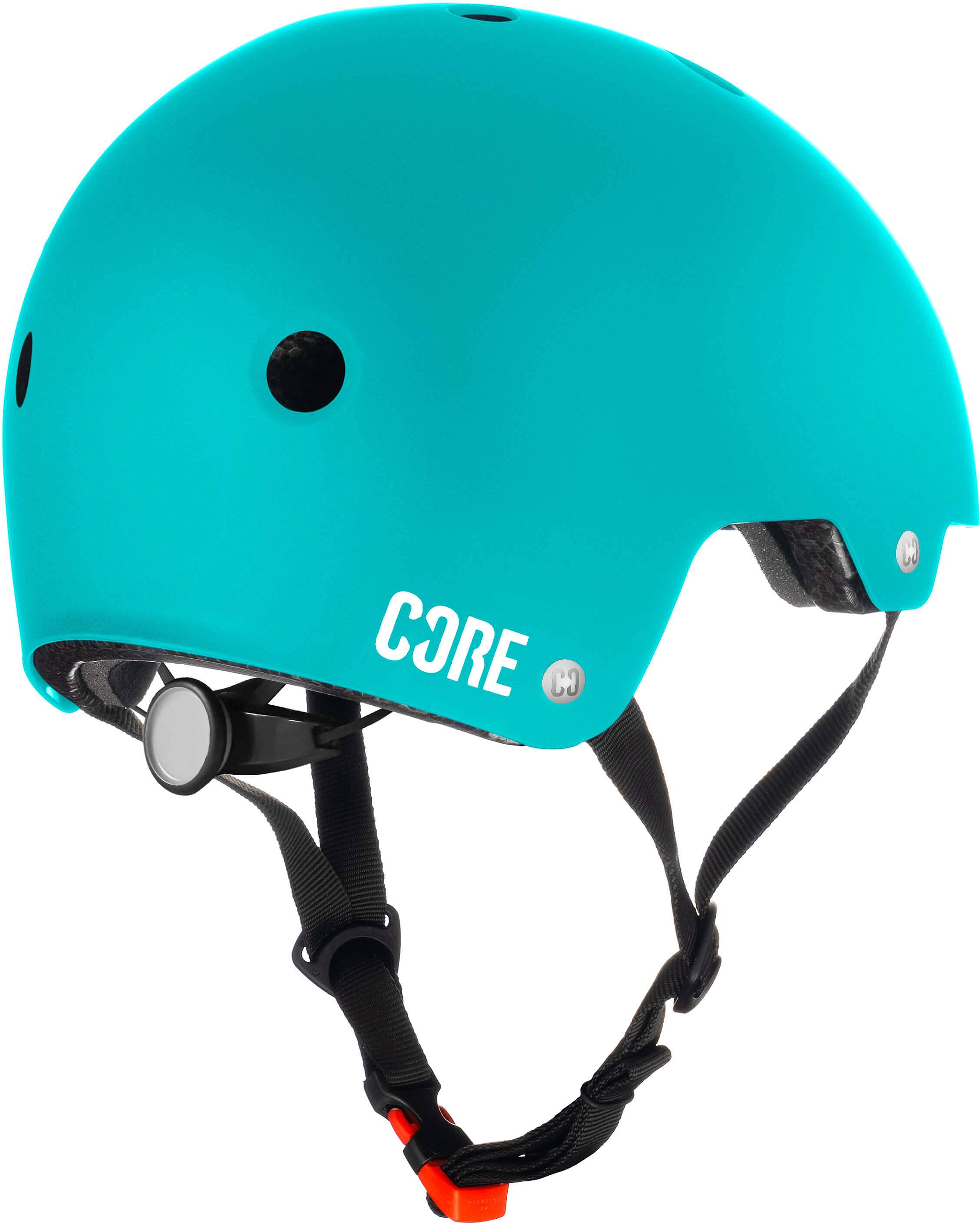The CORE Action Sports Skate / Scooter Helmet in teal features black straps, a black adjustment dial at the back, and the word “CORE” in white letters on the side. This lightweight helmet is designed for skating or scootering, offering comfortable and reliable protection with its EPS foam construction.